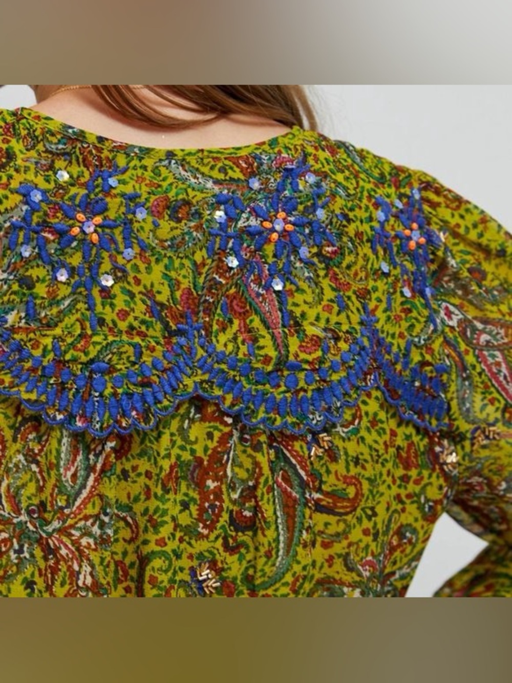 Anthropologie Beaded Priya Blouse Printed Green Size Large *388 - Picture 3 of 14